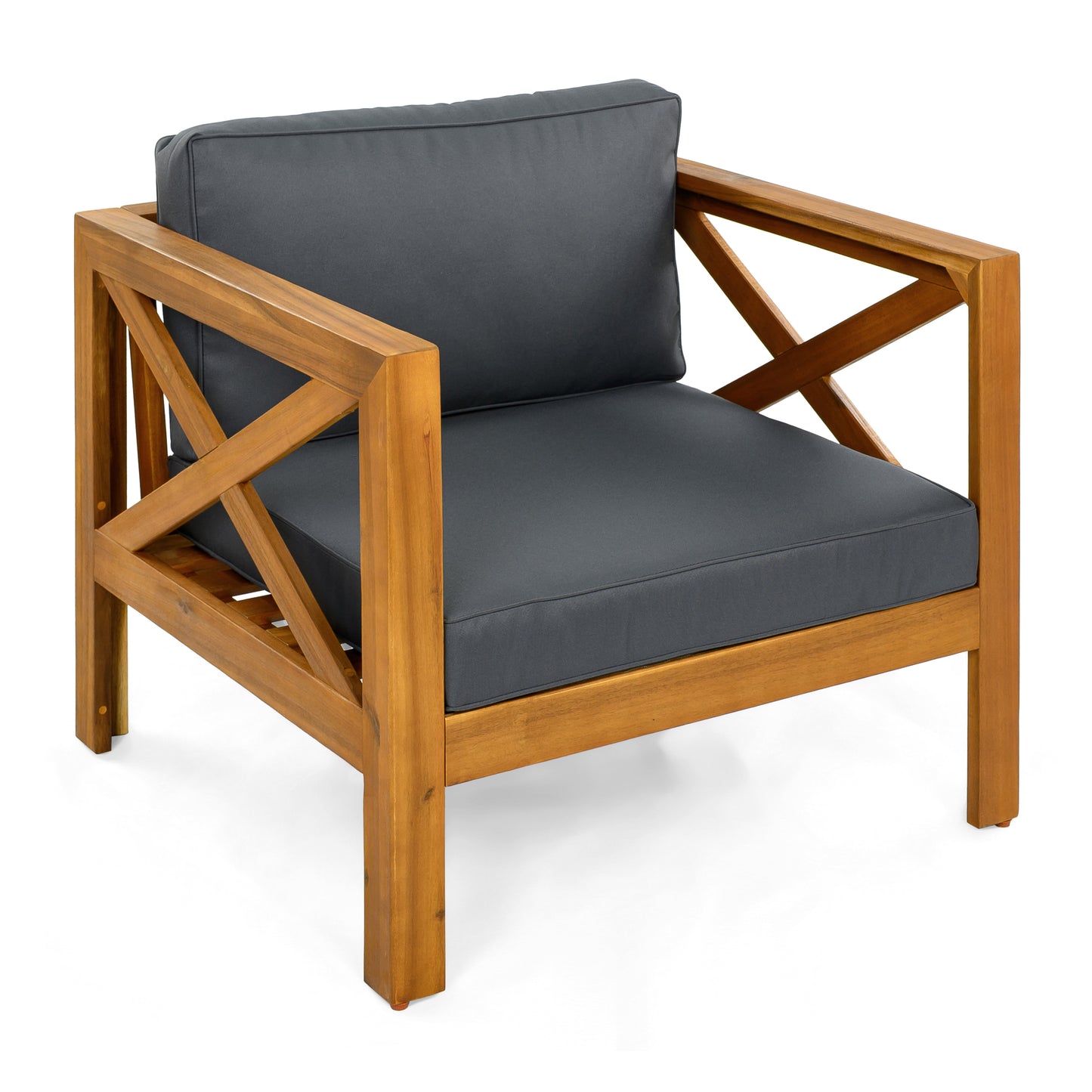 Outdoor Acacia Wood Club Wooden Armchair with Cushions (Set of 2), Conversation Set,Teak Finish,Dark Grey cushion