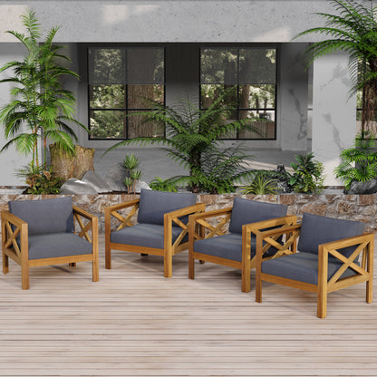 Outdoor Acacia Wood Club Wooden Armchair with Cushions (Set of 2), Conversation Set,Teak Finish,Dark Grey cushion