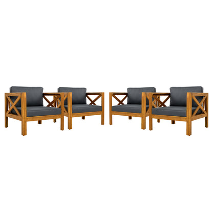 Outdoor Acacia Wood Club Wooden Armchair with Cushions (Set of 2), Conversation Set,Teak Finish,Dark Grey cushion
