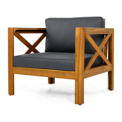 Outdoor Acacia Wood Club Wooden Armchair with Cushions (Set of 2), Conversation Set,Teak Finish,Dark Grey cushion