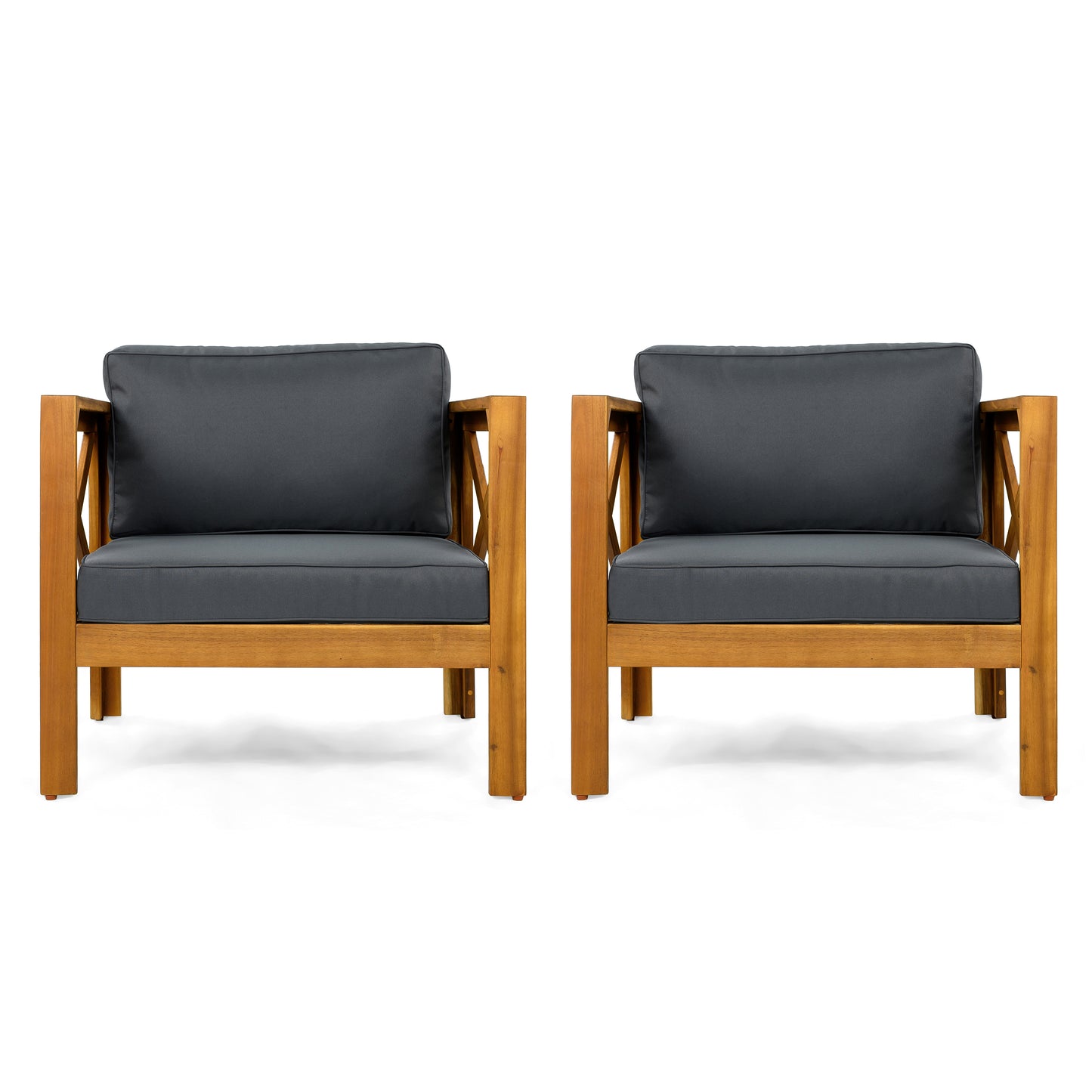 Outdoor Acacia Wood Club Wooden Armchair with Cushions (Set of 2), Conversation Set,Teak Finish,Dark Grey cushion