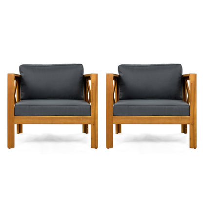 Outdoor Acacia Wood Club Wooden Armchair with Cushions (Set of 2), Conversation Set,Teak Finish,Dark Grey cushion
