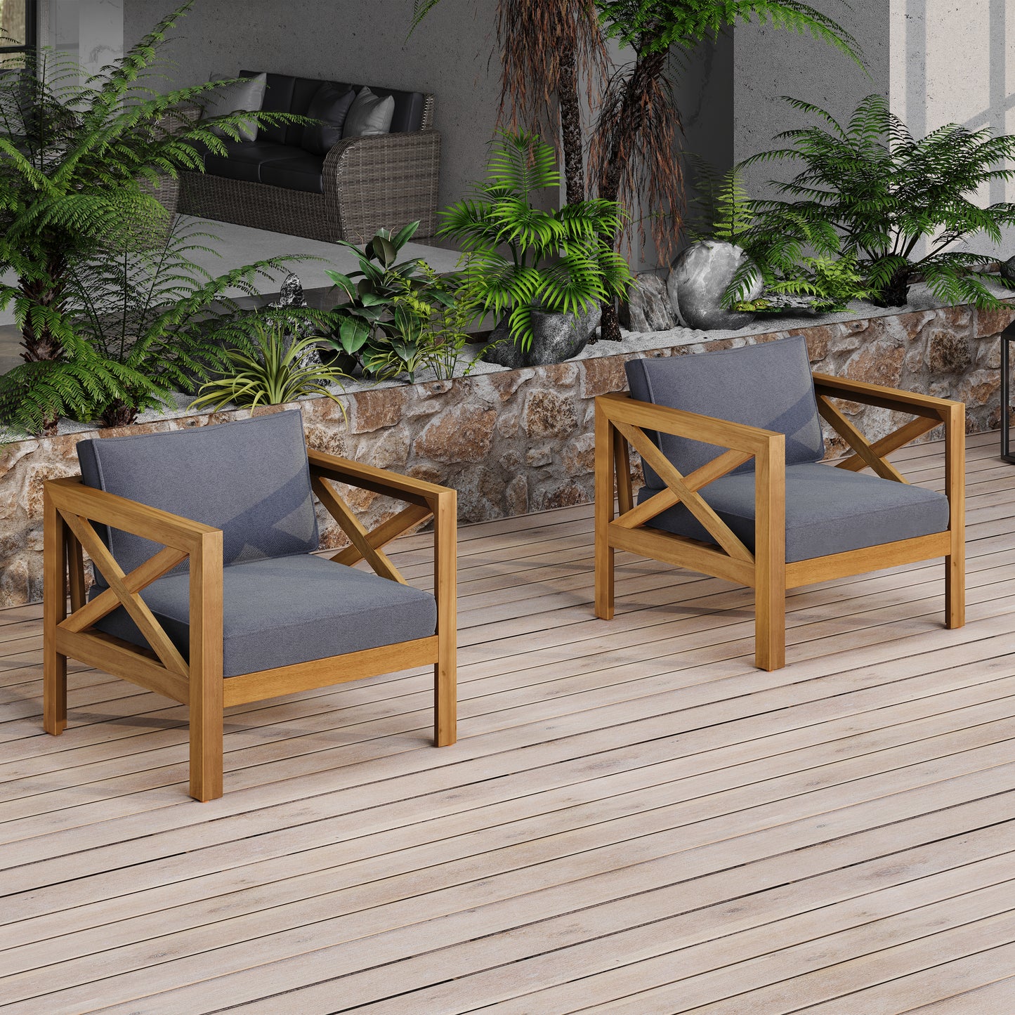 Outdoor Acacia Wood Club Wooden Armchair with Cushions (Set of 2), Conversation Set,Teak Finish,Dark Grey cushion