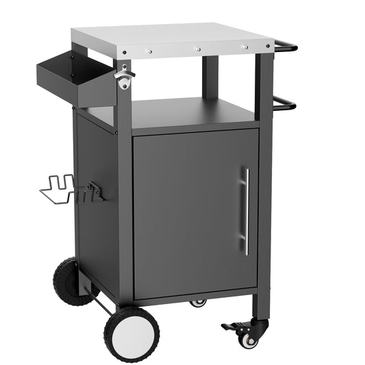 Outdoor Grill Cart with Patio Furniture, Outdoor Grill Table with Storage,Rolling Bar Cart Outdoor BBQ Cart with Hooks and Spice Rack for Grilling Accessories, Black