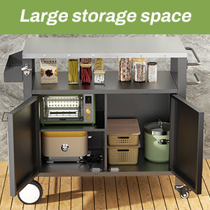 Two Doors Outdoor Grill Cart with Patio Furniture, Outdoor Grill Table with Storage,Rolling Bar Cart Outdoor BBQ Cart with Hooks and Spice Rack for Grilling Accessories, Black