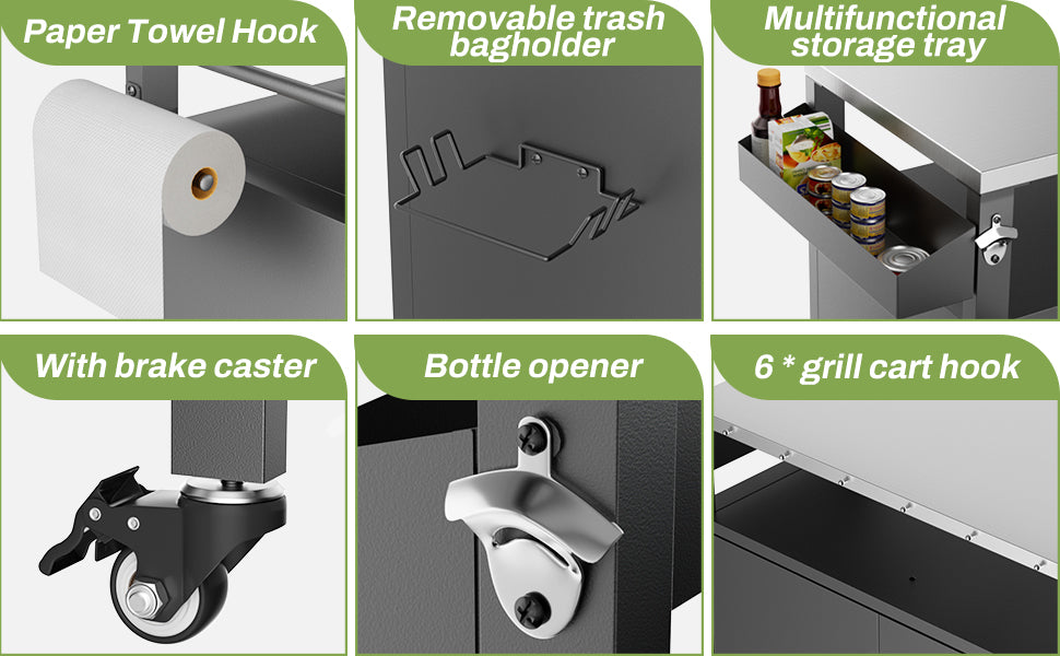 Two Doors Outdoor Grill Cart with Patio Furniture, Outdoor Grill Table with Storage,Rolling Bar Cart Outdoor BBQ Cart with Hooks and Spice Rack for Grilling Accessories, Black