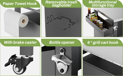 Two Doors Outdoor Grill Cart with Patio Furniture, Outdoor Grill Table with Storage,Rolling Bar Cart Outdoor BBQ Cart with Hooks and Spice Rack for Grilling Accessories, Black