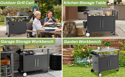 Two Doors Outdoor Grill Cart with Patio Furniture, Outdoor Grill Table with Storage,Rolling Bar Cart Outdoor BBQ Cart with Hooks and Spice Rack for Grilling Accessories, Black