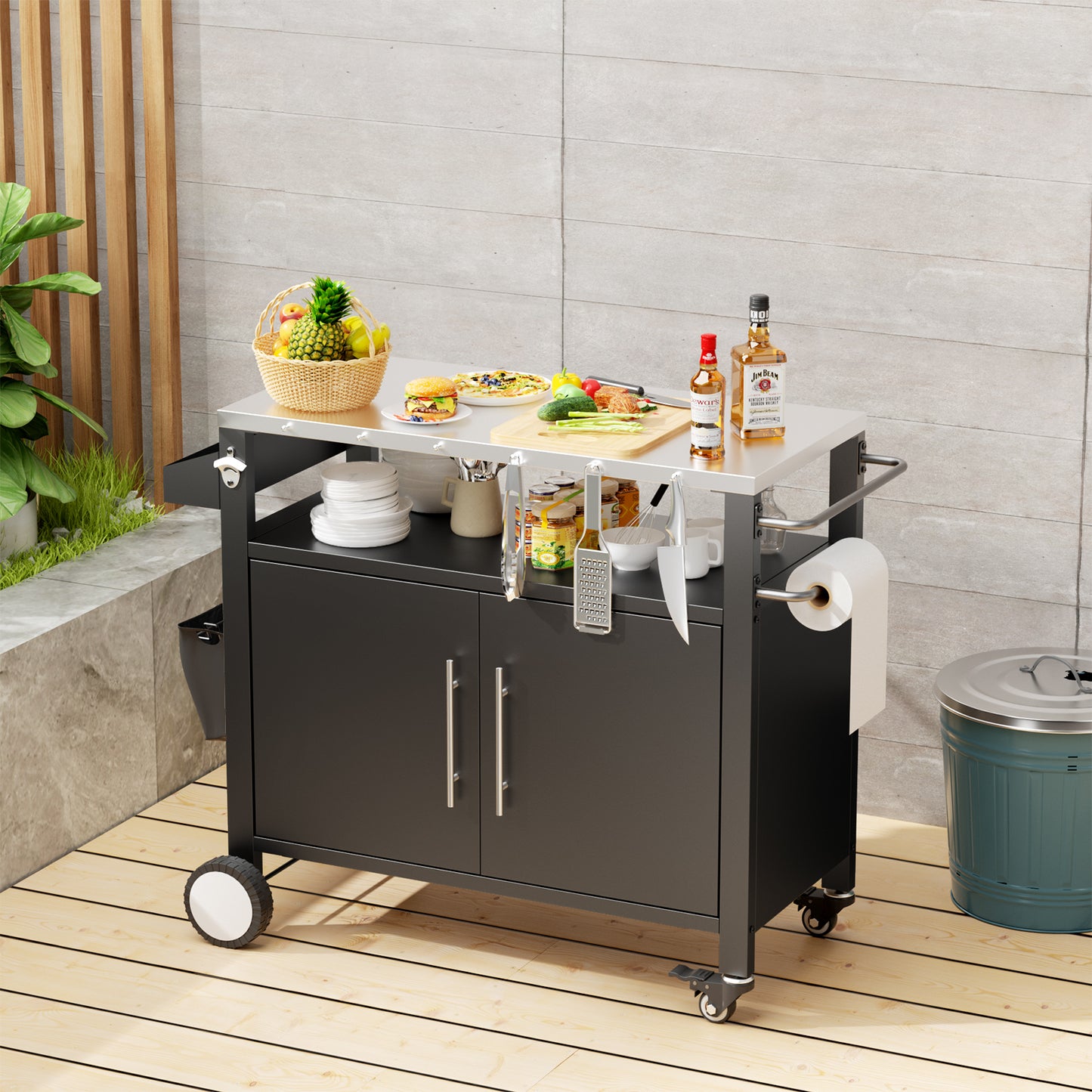 Two Doors Outdoor Grill Cart with Patio Furniture, Outdoor Grill Table with Storage,Rolling Bar Cart Outdoor BBQ Cart with Hooks and Spice Rack for Grilling Accessories, Black
