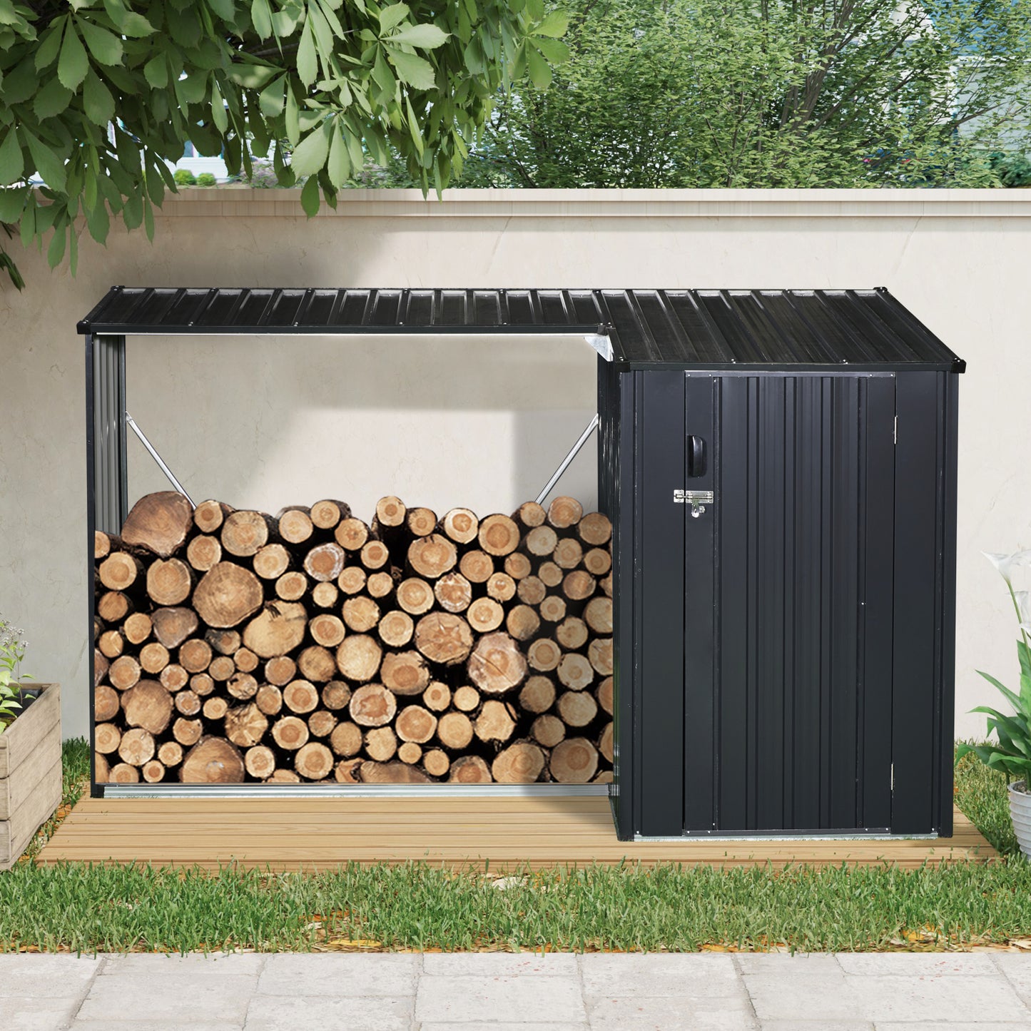 Outdoor Steel Firewood Rack and Metal Storage Shed,Two-In-One,Black (W540P171889) updated version