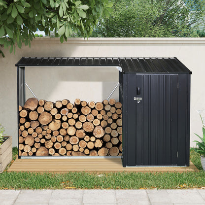 Outdoor Steel Firewood Rack and Metal Storage Shed,Two-In-One,Black (W540P171889) updated version