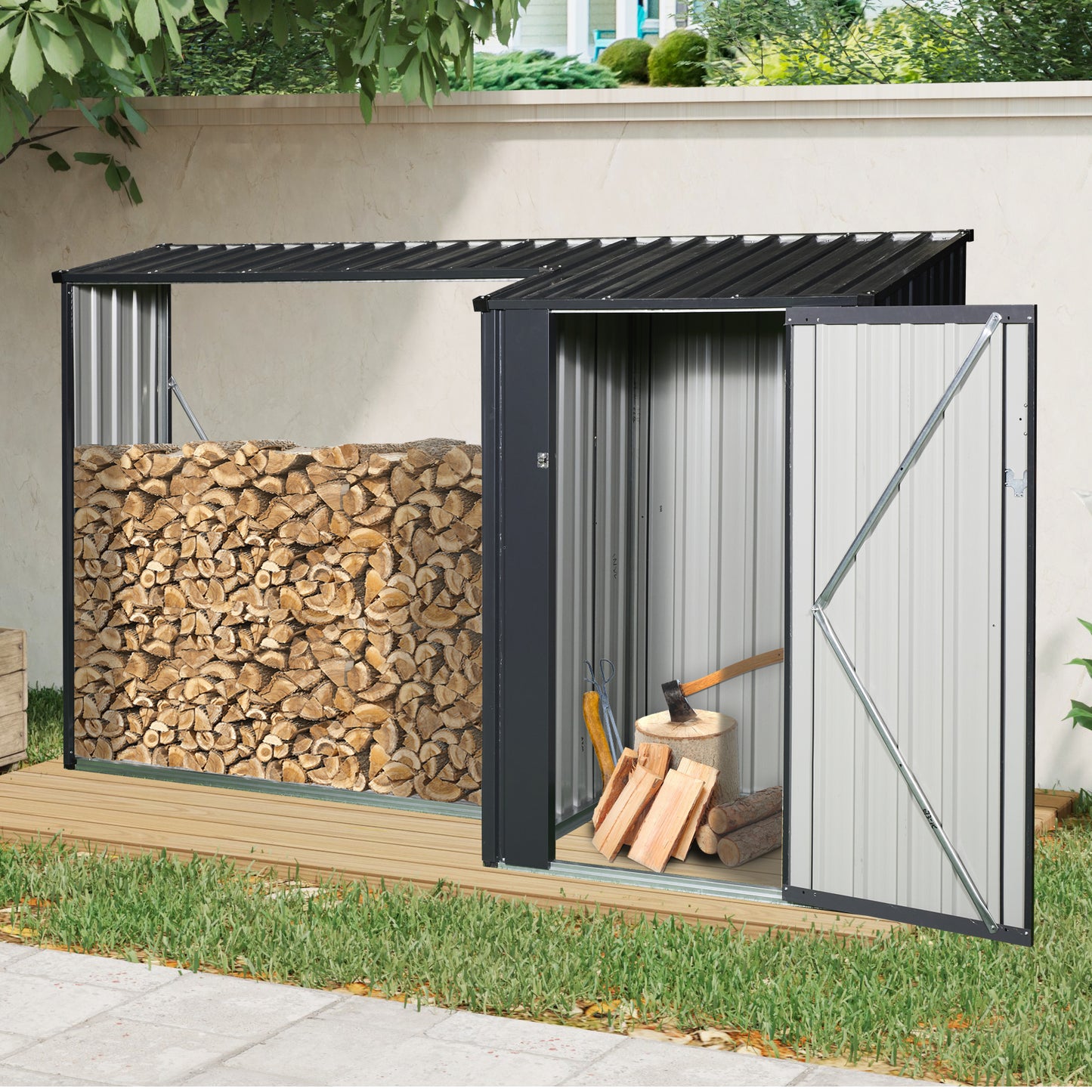 Outdoor Steel Firewood Rack and Metal Storage Shed,Two-In-One,Black (W540P171889) updated version