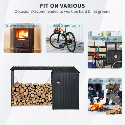 Outdoor Steel Firewood Rack and Metal Storage Shed,Two-In-One,Black (W540P171889) updated version