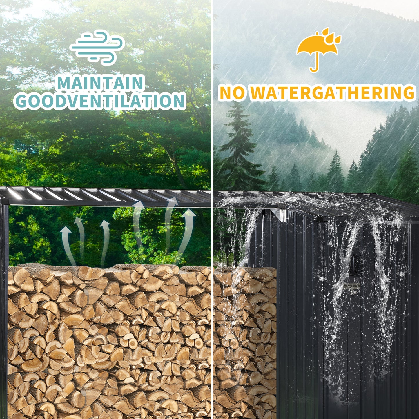 Outdoor Steel Firewood Rack and Metal Storage Shed,Two-In-One,Black (W540P171889) updated version