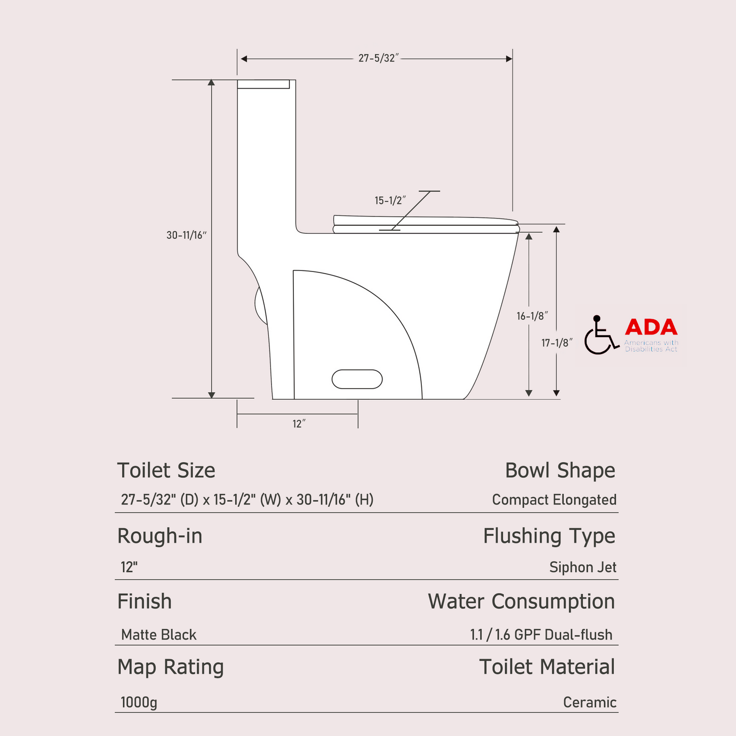 1.1/1.60 GPF Dual-Flush One Piece Toilet, Water-Saving Elongated Comfort Height Floor Mounted, Soft Close Seat, 1000 Gram Map Flushing Score Toilet, Matte Black 24T01-MB