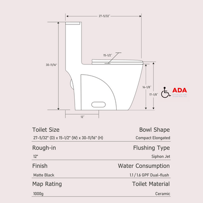 1.1/1.60 GPF Dual-Flush One Piece Toilet, Water-Saving Elongated Comfort Height Floor Mounted, Soft Close Seat, 1000 Gram Map Flushing Score Toilet, Matte Black 24T01-MB