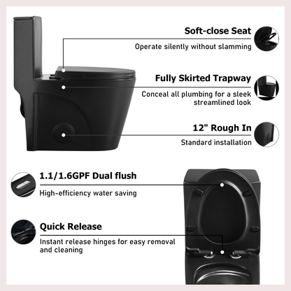 1.1/1.60 GPF Dual-Flush One Piece Toilet, Water-Saving Elongated Comfort Height Floor Mounted, Soft Close Seat, 1000 Gram Map Flushing Score Toilet, Matte Black 24T01-MB