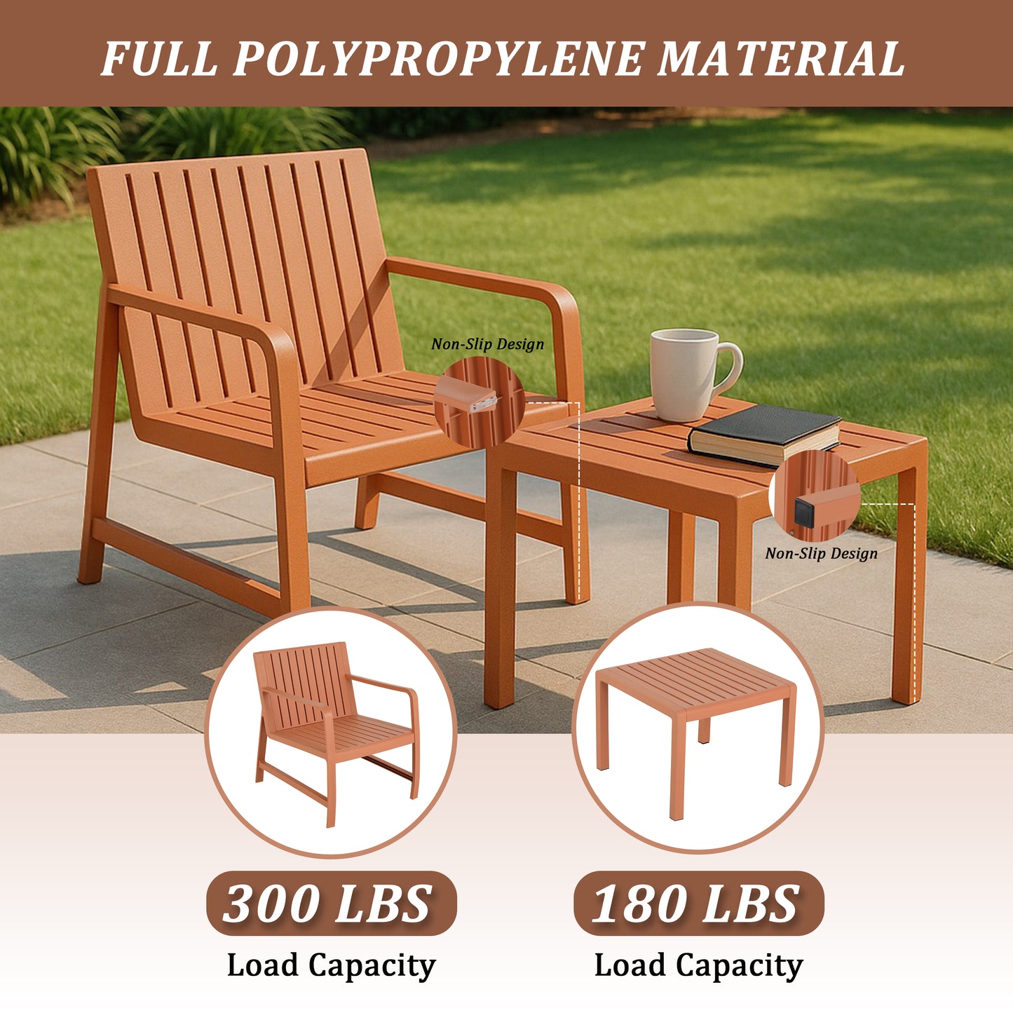 2-Piece Indoor/Outdoor Furniture set 1 Chairs & 1 Coffee Tables Waterproof PP Material- Easy Assembly Patio Conversation Set