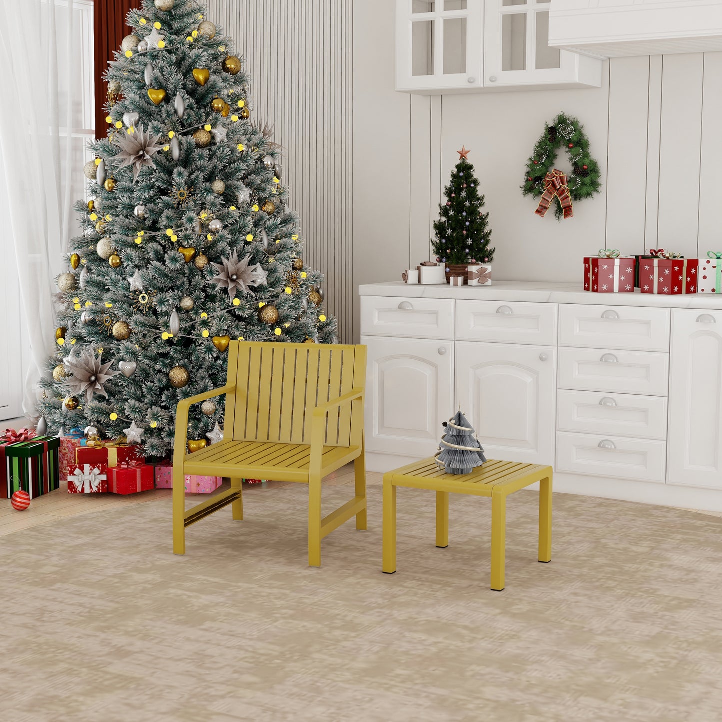 2-Piece Indoor/Outdoor Furniture set 1 Chairs & 1 Coffee Tables Waterproof PP Material - Easy Assembly Patio Conversation Set (Yellow)