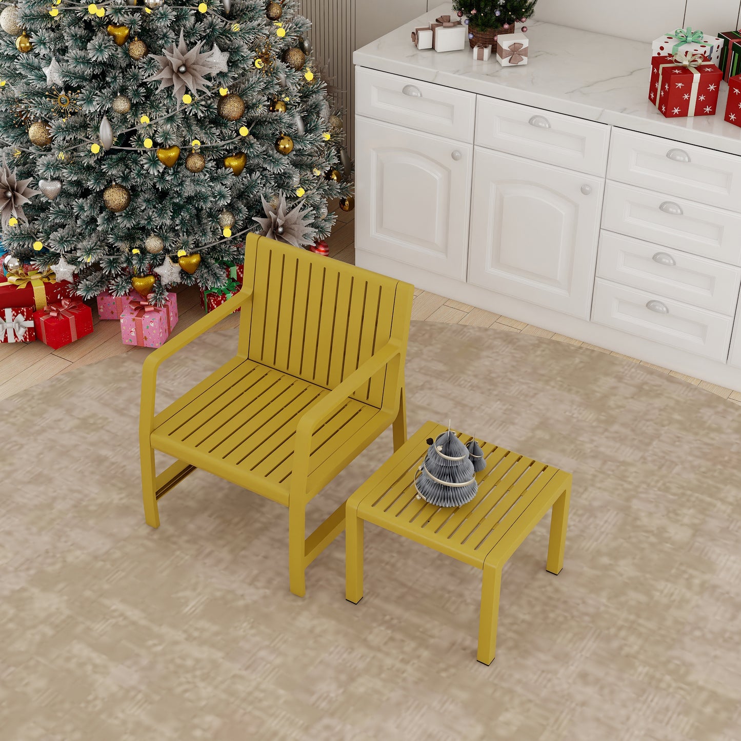 2-Piece Indoor/Outdoor Furniture set 1 Chairs & 1 Coffee Tables Waterproof PP Material - Easy Assembly Patio Conversation Set (Yellow)