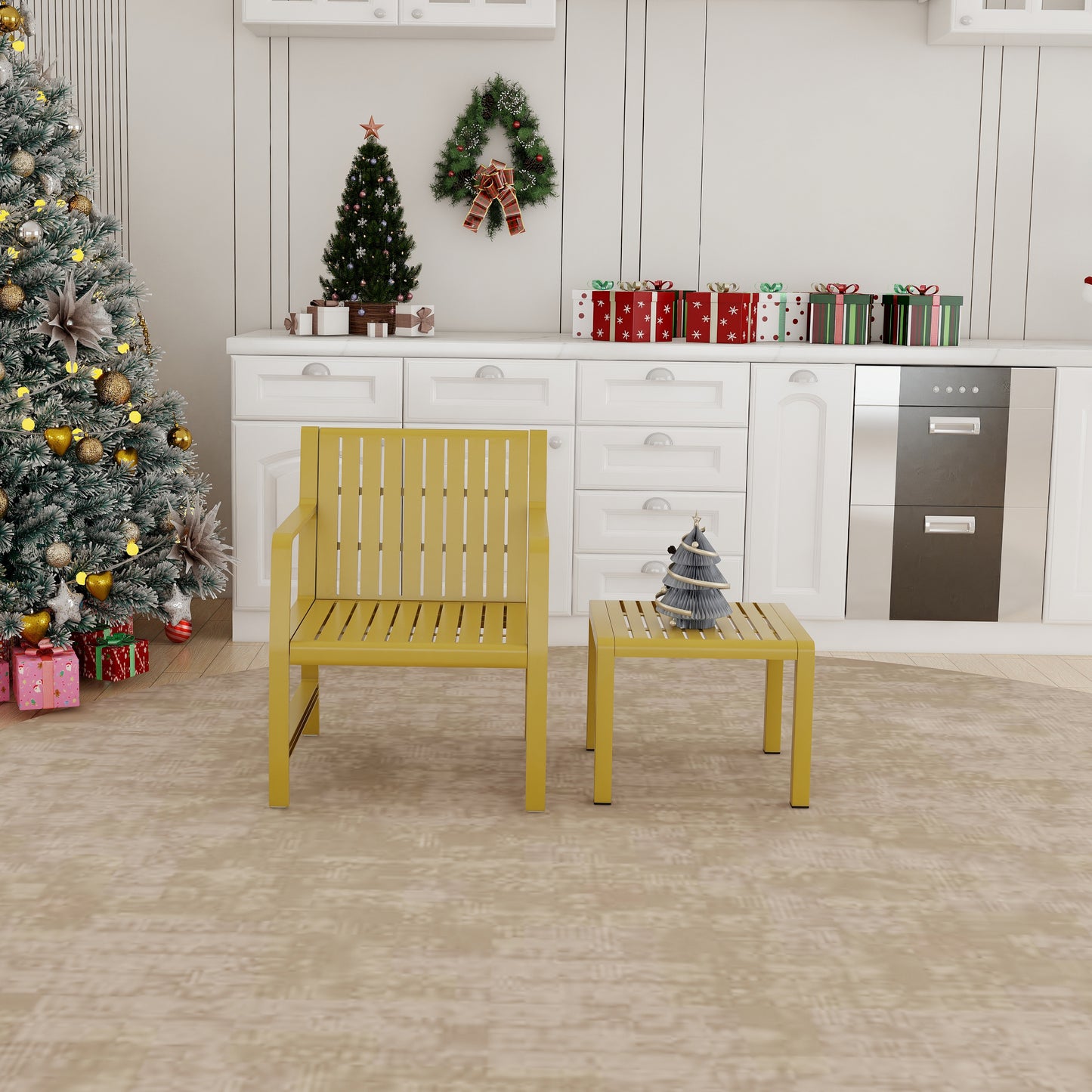 2-Piece Indoor/Outdoor Furniture set 1 Chairs & 1 Coffee Tables Waterproof PP Material - Easy Assembly Patio Conversation Set (Yellow)