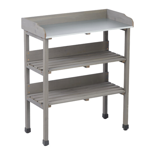 30″x14.5″×35.5″ Potting Table w/Metal Tabletop, 3 Layers Outdoor Work Bench w/Hook for Garden, Solid Wood Workstation for Garage