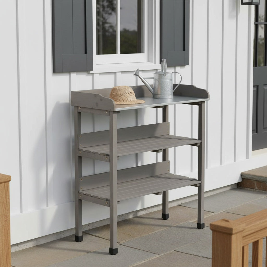 30″x14.5″×35.5″ Potting Table w/Metal Tabletop, 3 Layers Outdoor Work Bench w/Hook for Garden, Solid Wood Workstation for Garage