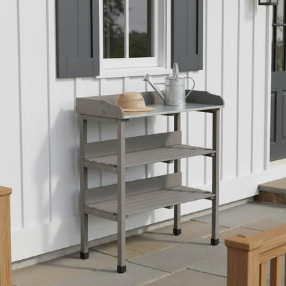 30″x14.5″×35.5″ Potting Table w/Metal Tabletop, 3 Layers Outdoor Work Bench w/Hook for Garden, Solid Wood Workstation for Garage