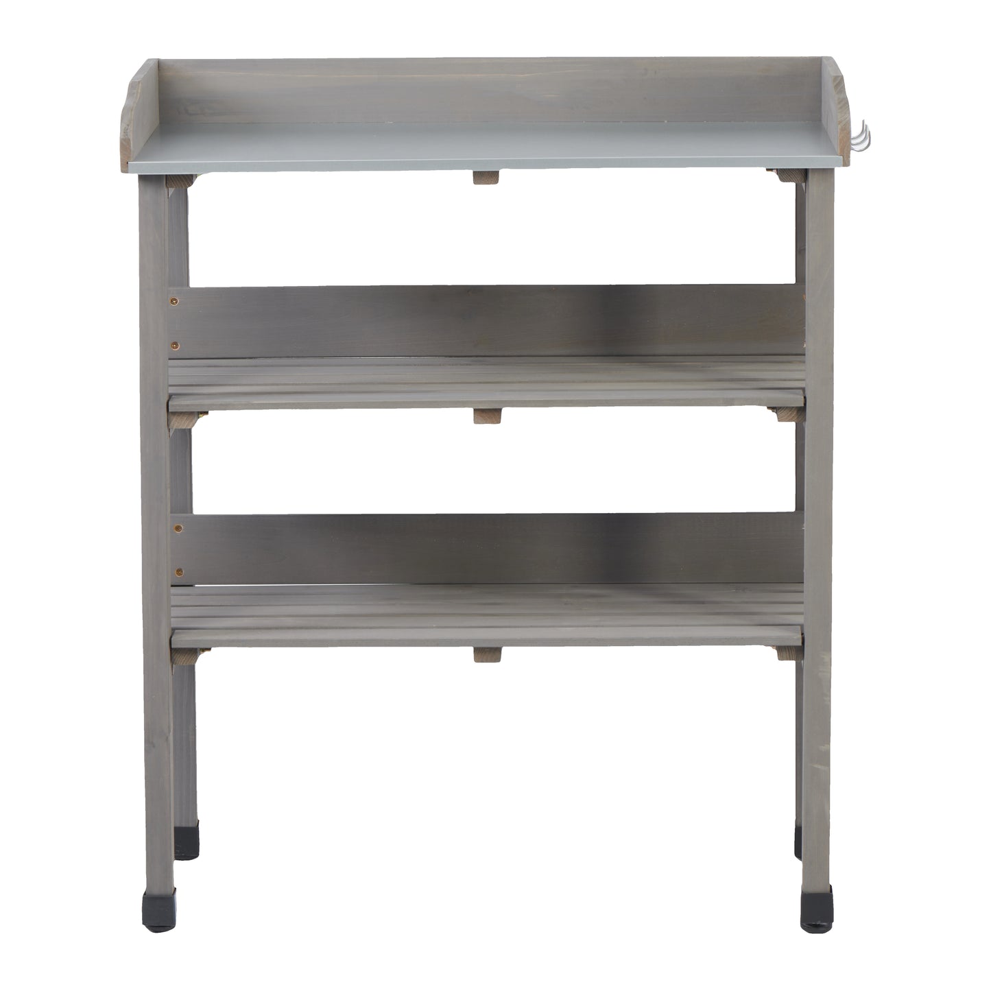 30″x14.5″×35.5″ Potting Table w/Metal Tabletop, 3 Layers Outdoor Work Bench w/Hook for Garden, Solid Wood Workstation for Garage