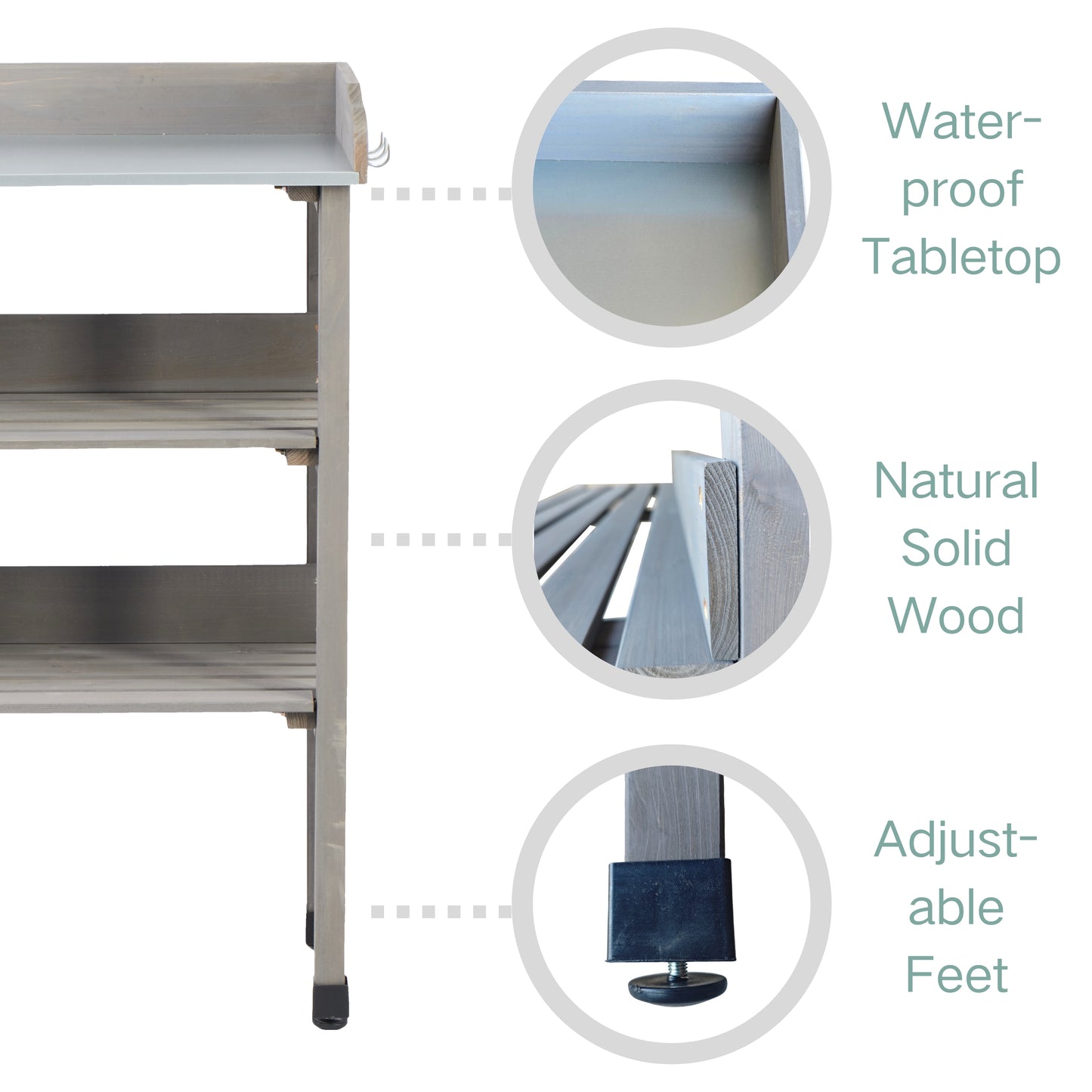 30″x14.5″×35.5″ Potting Table w/Metal Tabletop, 3 Layers Outdoor Work Bench w/Hook for Garden, Solid Wood Workstation for Garage