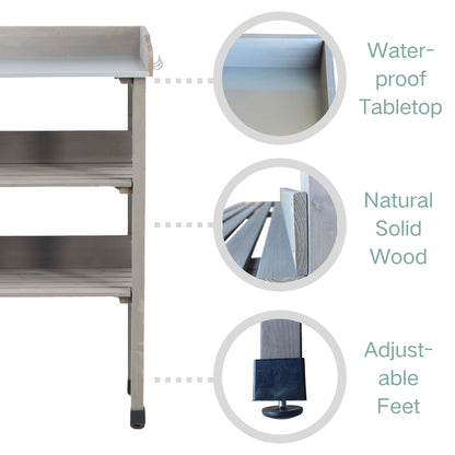 30″x14.5″×35.5″ Potting Table w/Metal Tabletop, 3 Layers Outdoor Work Bench w/Hook for Garden, Solid Wood Workstation for Garage