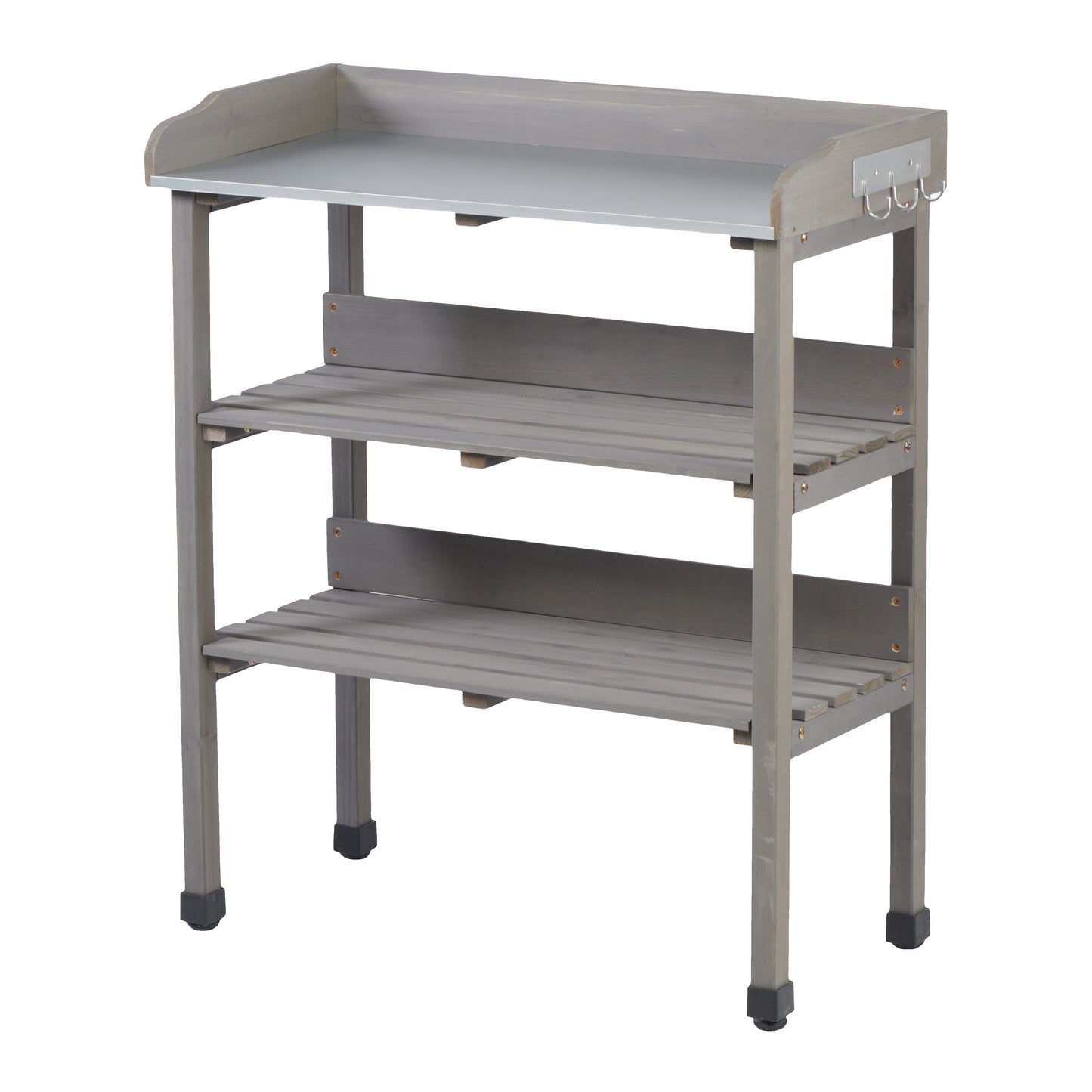 30″x14.5″×35.5″ Potting Table w/Metal Tabletop, 3 Layers Outdoor Work Bench w/Hook for Garden, Solid Wood Workstation for Garage