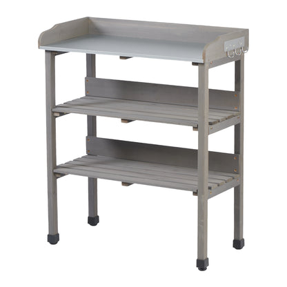30″x14.5″×35.5″ Potting Table w/Metal Tabletop, 3 Layers Outdoor Work Bench w/Hook for Garden, Solid Wood Workstation for Garage