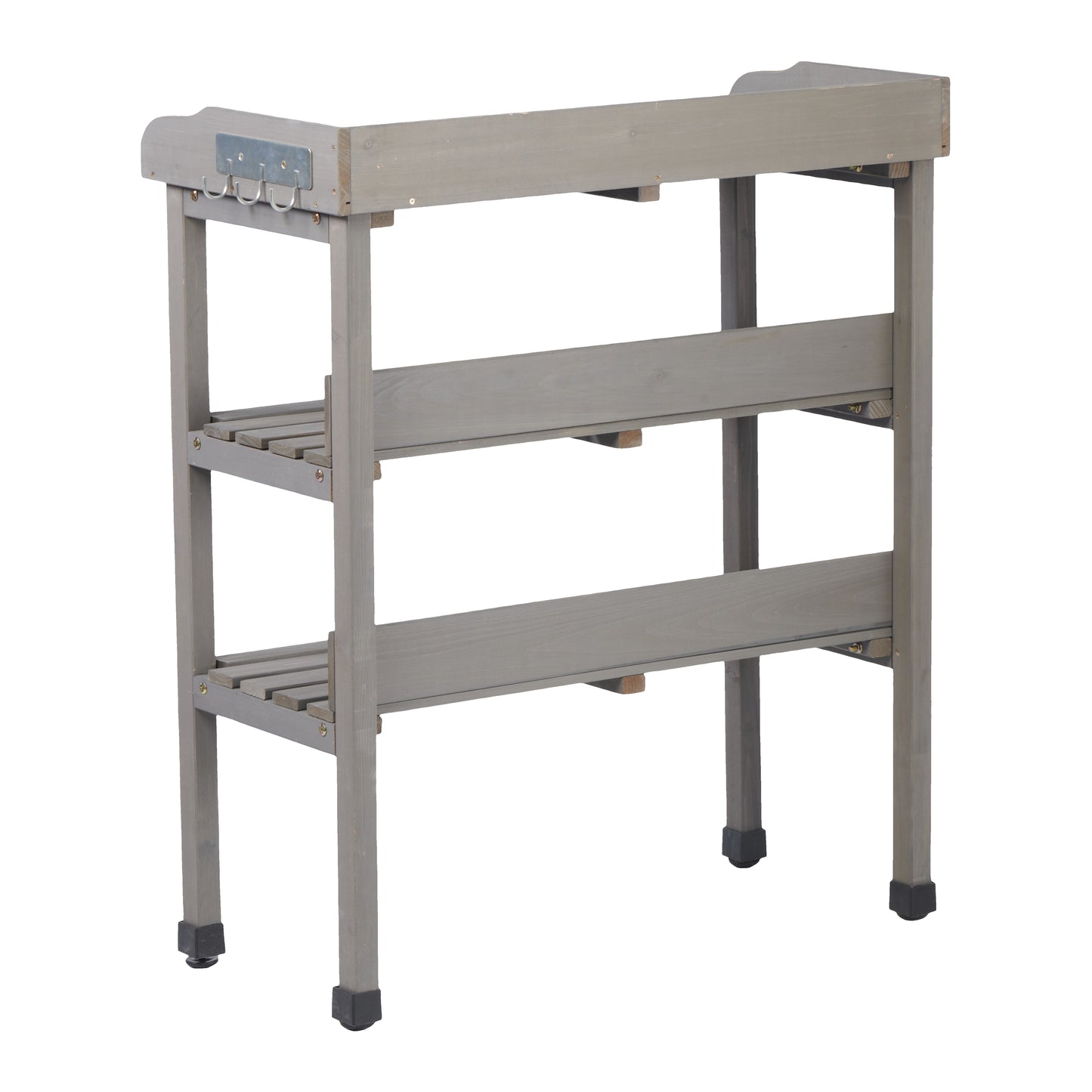 30″x14.5″×35.5″ Potting Table w/Metal Tabletop, 3 Layers Outdoor Work Bench w/Hook for Garden, Solid Wood Workstation for Garage