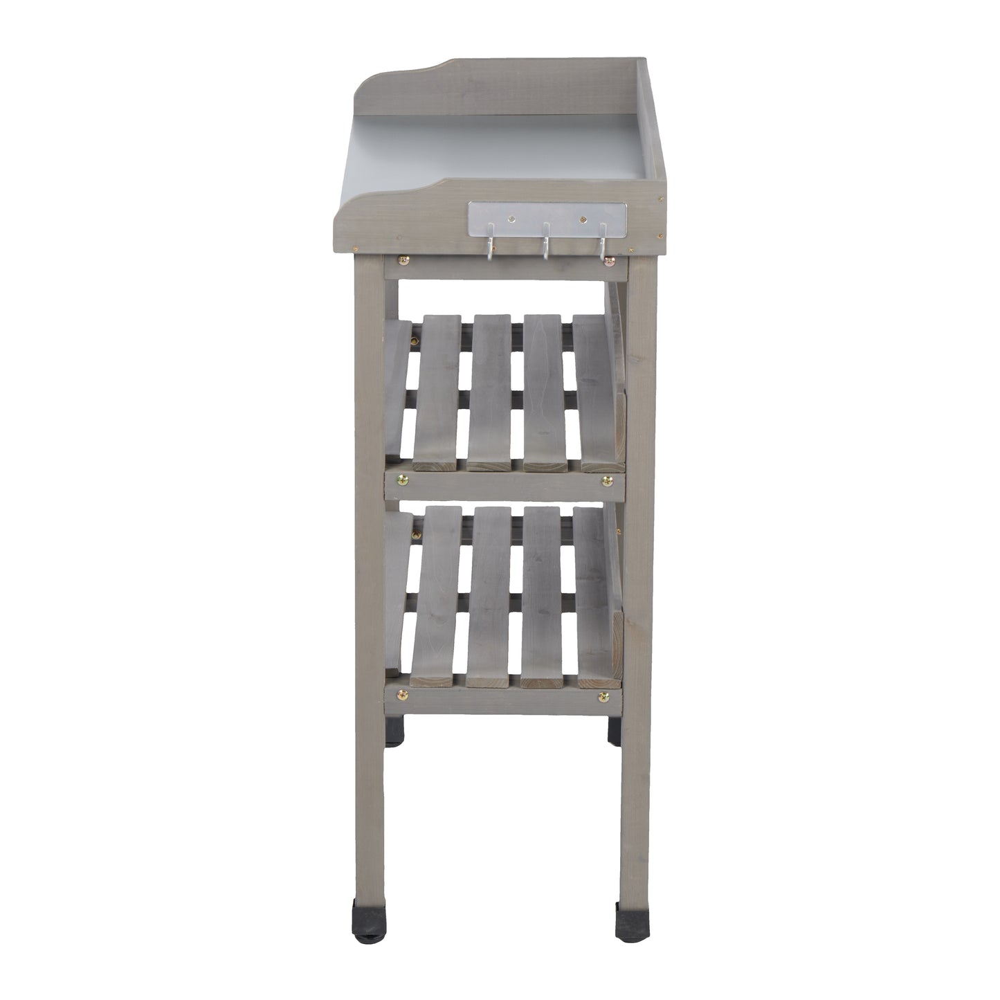 30″x14.5″×35.5″ Potting Table w/Metal Tabletop, 3 Layers Outdoor Work Bench w/Hook for Garden, Solid Wood Workstation for Garage