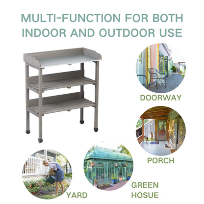 30″x14.5″×35.5″ Potting Table w/Metal Tabletop, 3 Layers Outdoor Work Bench w/Hook for Garden, Solid Wood Workstation for Garage