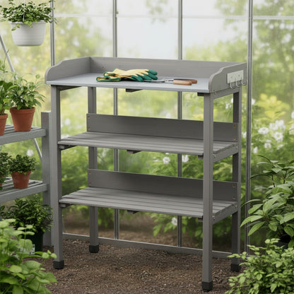 30″x14.5″×35.5″ Potting Table w/Metal Tabletop, 3 Layers Outdoor Work Bench w/Hook for Garden, Solid Wood Workstation for Garage