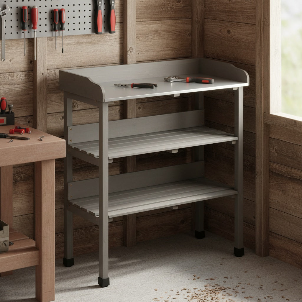 30″x14.5″×35.5″ Potting Table w/Metal Tabletop, 3 Layers Outdoor Work Bench w/Hook for Garden, Solid Wood Workstation for Garage