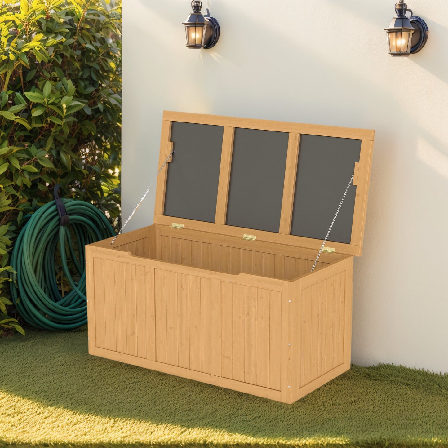 67 Gallon Outdoor Wooden Deck Box Solid Wood Storage Box Seat & Table Top for Patio Furniture Cushions, Pool Toys & Garden Tools