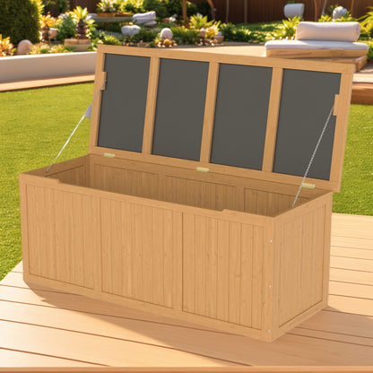 112 Gallon Outdoor Wooden Deck Box Solid Wood Storage Box Seat & Table Top for Patio Furniture Cushions, Pool Toys & Garden Tools
