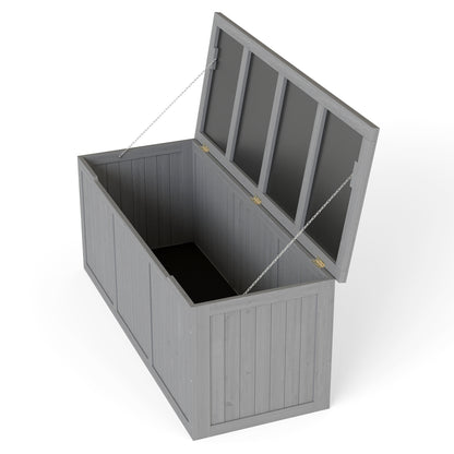 112 Gallon Outdoor Wooden Deck Box Solid Wood Storage Box Seat & Table Top for Patio Furniture Cushions, Pool Toys & Garden Tools