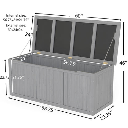112 Gallon Outdoor Wooden Deck Box Solid Wood Storage Box Seat & Table Top for Patio Furniture Cushions, Pool Toys & Garden Tools