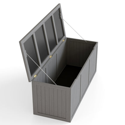 112 Gallon Outdoor Wooden Deck Box Solid Wood Storage Box Seat & Table Top for Patio Furniture Cushions, Pool Toys & Garden Tools