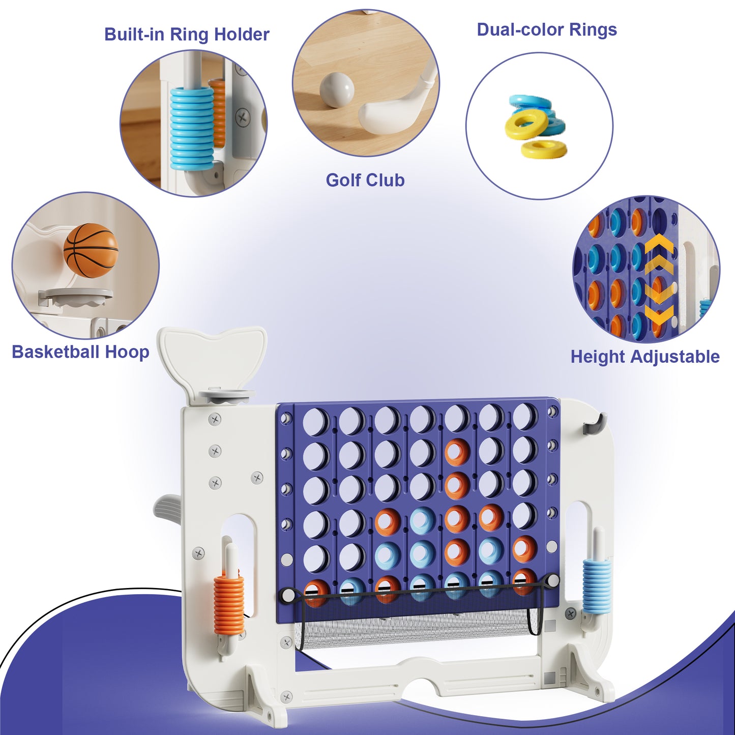 4-to-Score Giant Game Set with Mesh Bag & Jumbo Connect 4, Basketball Hoop, Ring Toss & Golf Games & Height Adjustable for Indoor & Outdoor Fun for Kids and Adults