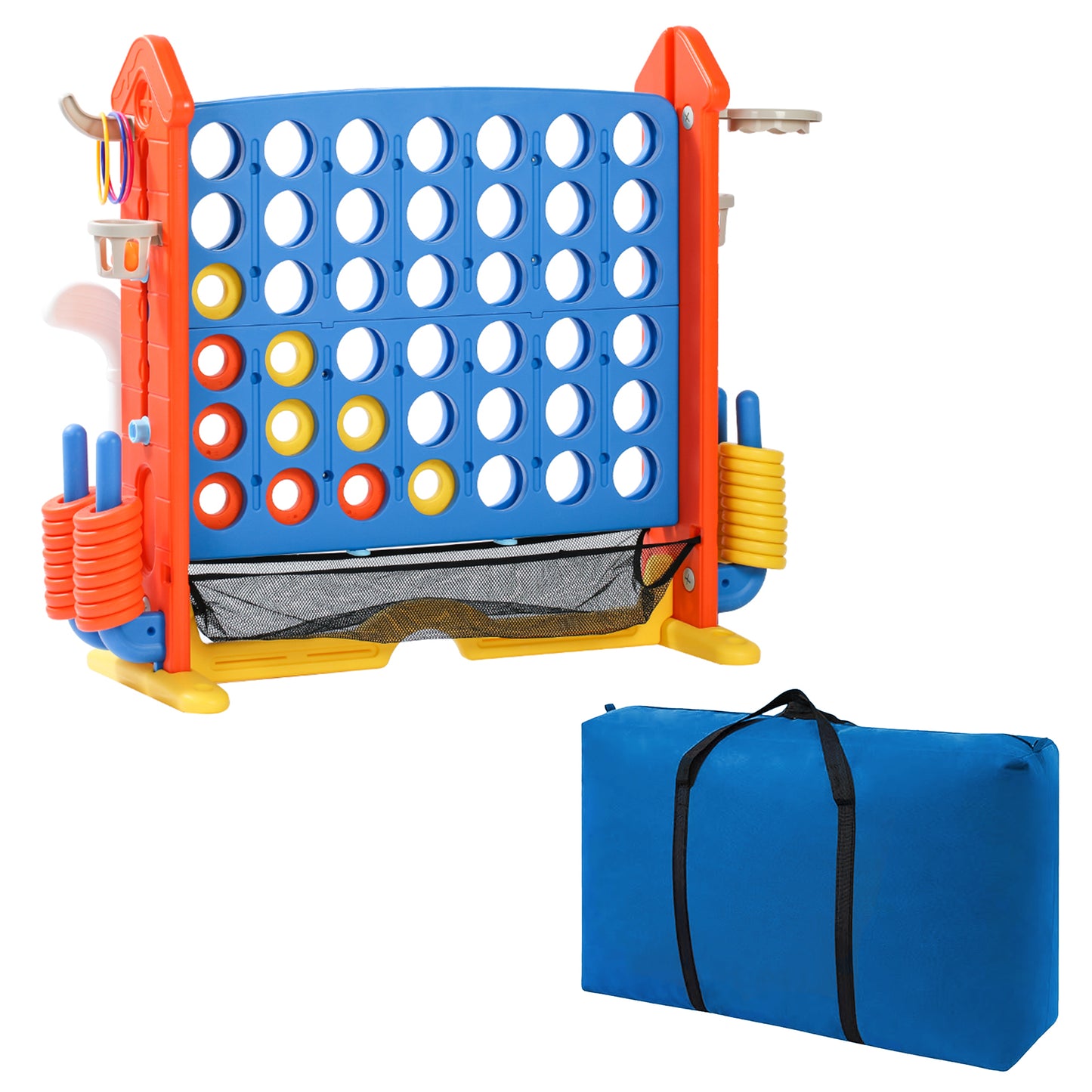 4-to-Score Giant Game Set with Mesh Bag & Jumbo Connect 4, Basketball Hoop, Ring Toss & Golf Games & Height Adjustable for Indoor & Outdoor Fun for Kids and Adults