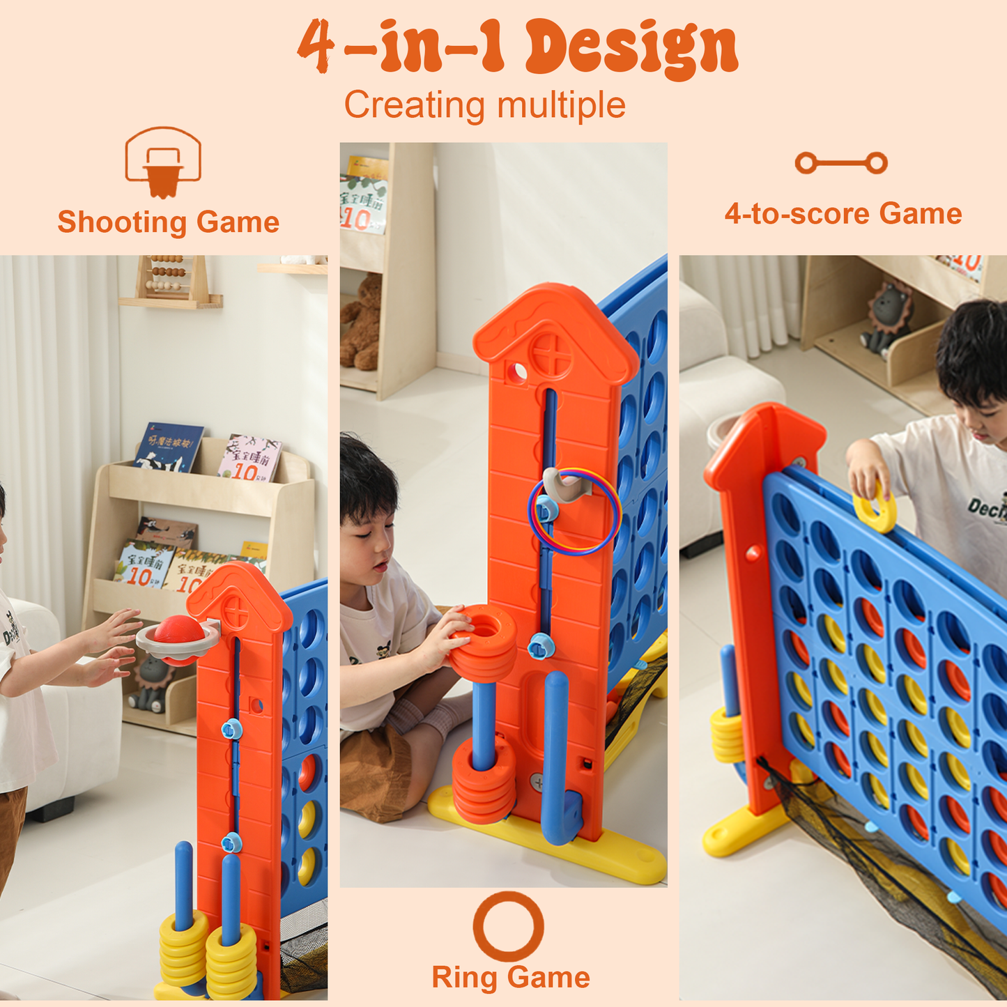 4-to-Score Giant Game Set with Mesh Bag & Jumbo Connect 4, Basketball Hoop, Ring Toss & Golf Games & Height Adjustable for Indoor & Outdoor Fun for Kids and Adults