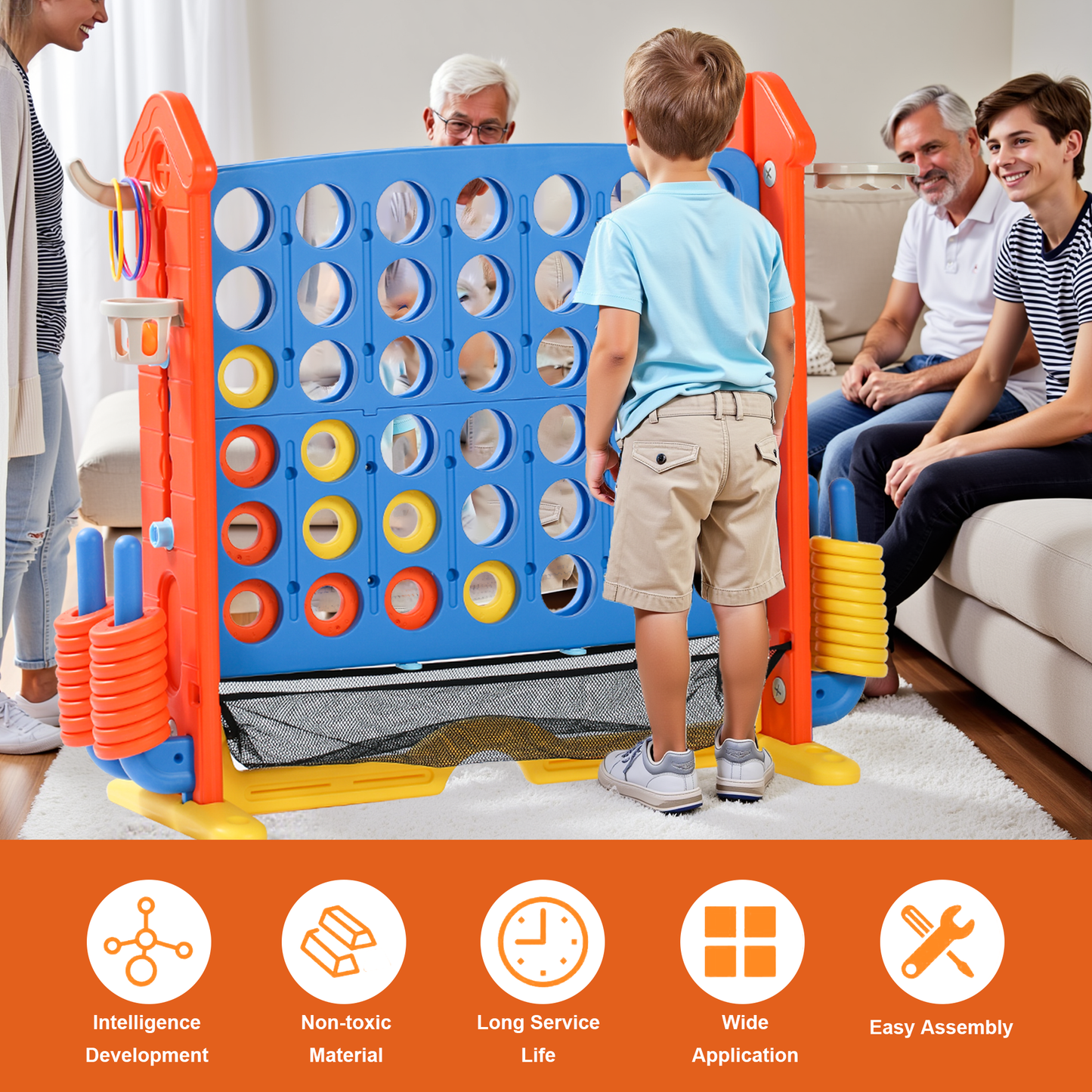 4-to-Score Giant Game Set with Mesh Bag & Jumbo Connect 4, Basketball Hoop, Ring Toss & Golf Games & Height Adjustable for Indoor & Outdoor Fun for Kids and Adults