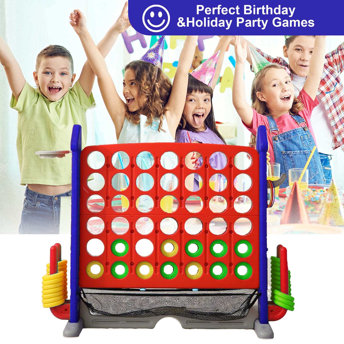 4-to-Score Giant Game Set with Mesh Bag & Jumbo Connect 4, Basketball Hoop, Ring Toss & Golf Games & Height Adjustable for Indoor & Outdoor Fun for Kids and Adults