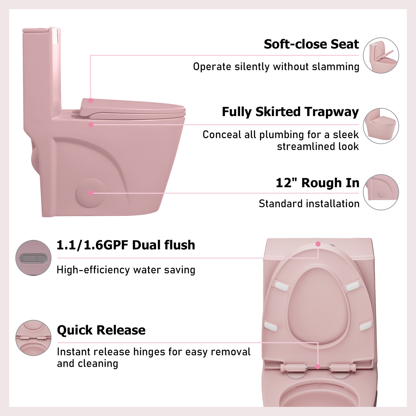 1.1/1.60 GPF Dual-Flush One Piece Toilet, Water-Saving Elongated Comfort Height Floor Mounted, Soft Close 1000 Gram Map Flushing Score Toilet, Rose 24T01-RS