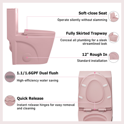 1.1/1.60 GPF Dual-Flush One Piece Toilet, Water-Saving Elongated Comfort Height Floor Mounted, Soft Close 1000 Gram Map Flushing Score Toilet, Rose 24T01-RS